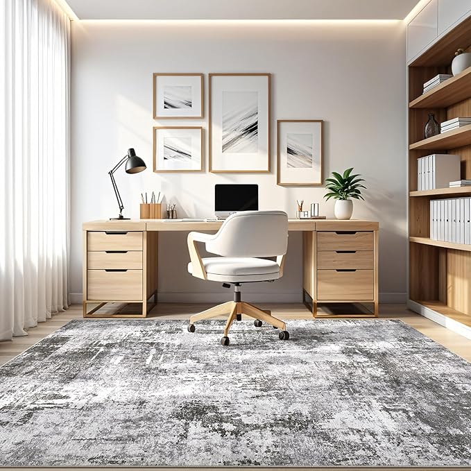 10x14 Area Rugs Living Room: Washable Large Abstract Modern Soft Rug Stain Resistant Indoor Floor Non Slip Accent Carpet for Bedroom Nursery Playroom Office Dining Room Dorm Home House- Black Grey-BubblyBeeBaby