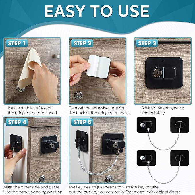 12 Pack Refrigerator Lock with 12 Keys Fridge Locks Combination Adhesive Child Safety Cabinet Freezer Door Lock Adult File Drawer Kitchen Appliance Furniture Closet(Black)-BubblyBeeBaby