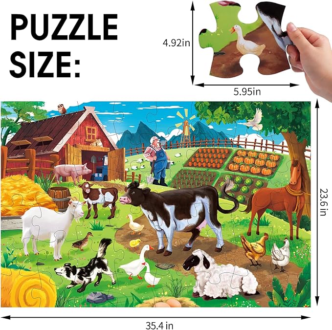 Jumbo Floor Puzzle for Kids,Farm Animals Jigsaw Large Puzzles,48 Piece Barn Puzzle for Toddler Ages 3-5,Children Learning Preschool Educational Toys,Birthday Gift for 4-8 Years Old Boy and Girl-BubblyBeeBaby