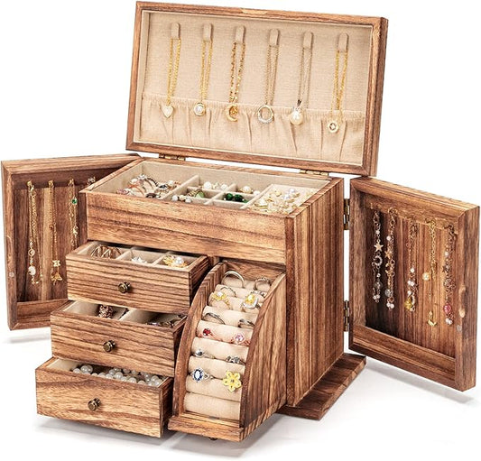 Jewelry Box Organizer, Solid Wood Jewelry Boxes for Women for Storage & Display Necklace Ring Earring Bracelet, Rustic Style Jewelry Organizer Box for Women Gifts (Carbonized Brown)-BubblyBeeBaby