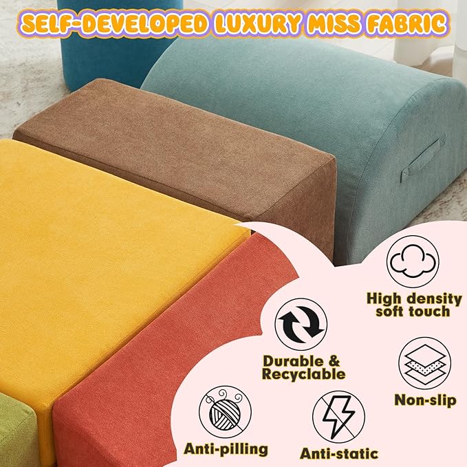 jela Foam Blocks 6Pcs Soft Play Equipment Luxury Miss Fabric, Toddler Climbing Toys Indoor Soft Play Climbing for Toddlers, Lightweight Climbing Blocks for Babies, Kids, Climb and Crawl Foam Playset-BubblyBeeBaby