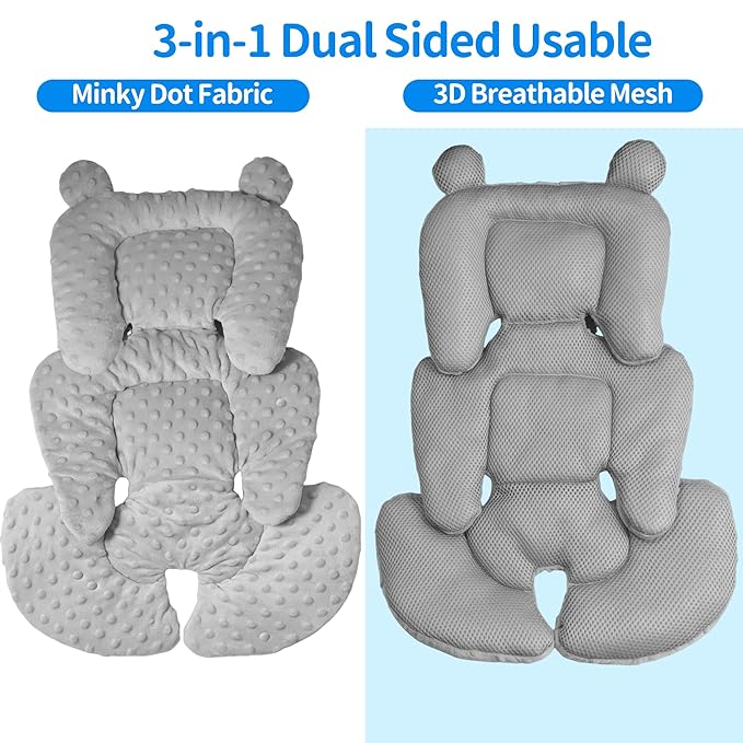 3in1 Baby CarSeat Head Support for Infant, Reversible Soft Infant Car Seat Insert Newborn Boy Girl, Breathable Cotton Head Body Support Pillow Cushion,Stroller,Swing,Bouncer,Baby Registry,Grey-BubblyBeeBaby