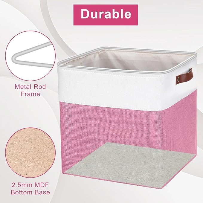 13x13 Cube Storage Bins, Collapsible Fabric Storage Box, 4 Pack Closet Baskets with Handles for Organizing, Shelf, Toys, Clothes, Home, Office, Nursery (Pink&White)-BubblyBeeBaby