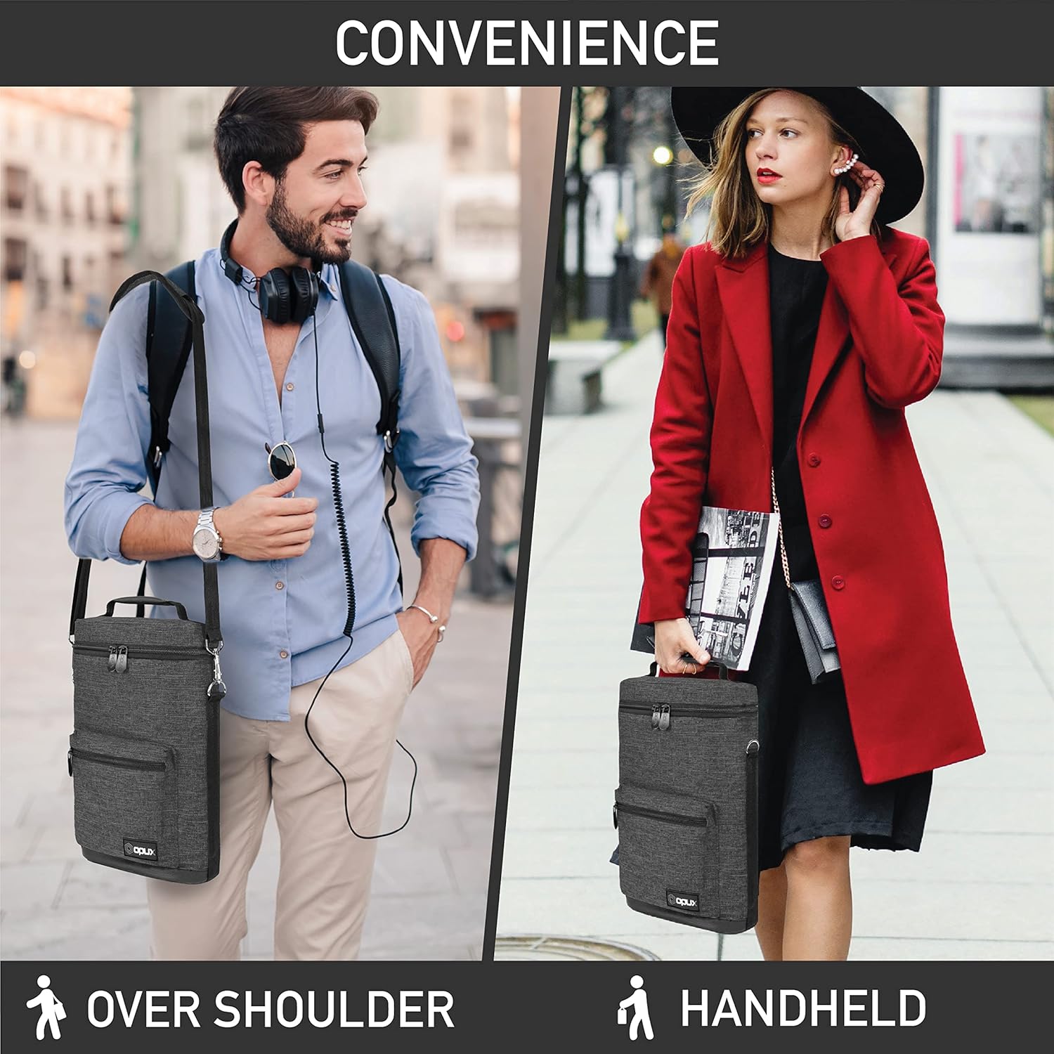 Opux 2 Bottle Wine Tote Carrier, Insulated Cooler Bag for Travel Picnic, Leakproof Padded Case, Wine Gifts for Women & Men, Charcoal Gray