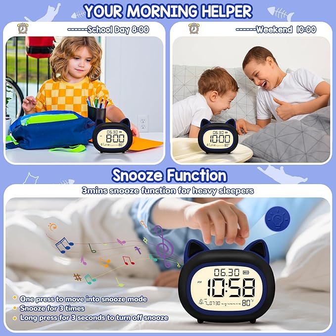 Kids Alarm Clock with Night Light for Kids, Small Digital Alarm Clocks for Bedrooms, Routine Builder, Cute Cat Alarm Clock with Sleep Training, Snooze, 12/24H, Date & Day, Temperature, USB Port-BubblyBeeBaby
