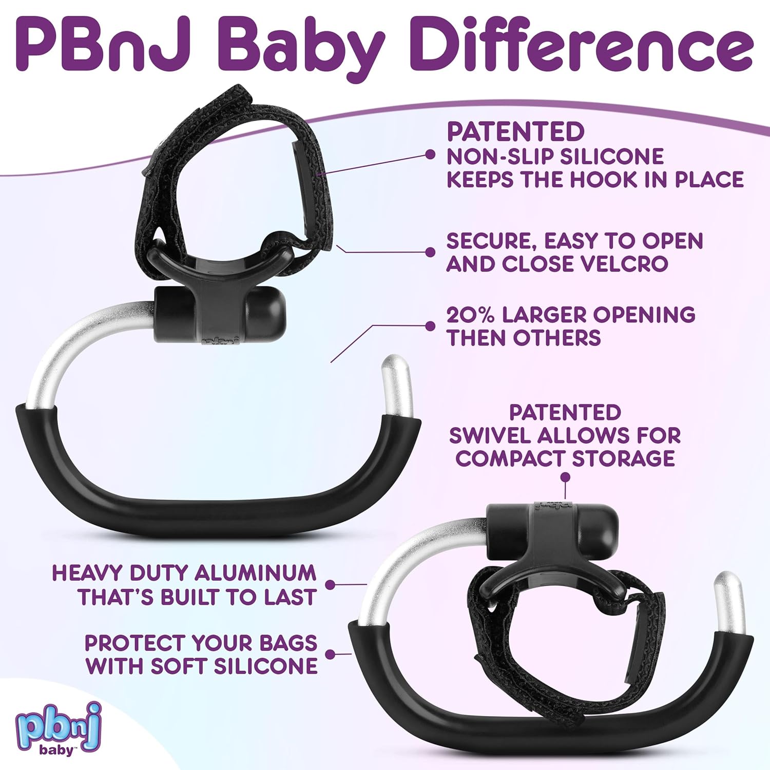 Stroller Hooks for Hanging Diaper Bags - Mommy Stroller Clip and Stroller Accessories Organizer Hook - Large Carabiner Clips for Mom Purse Shopping Grocery Bag and Accessory - (2 Pack) (Foldable)