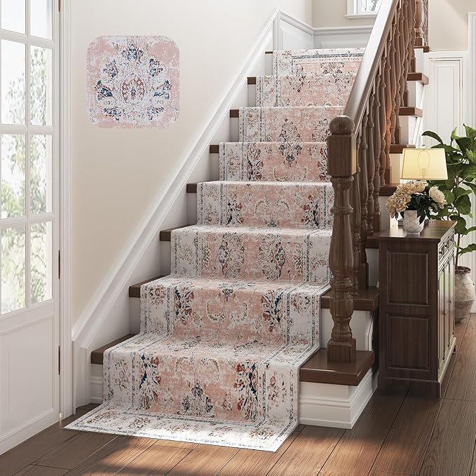 jinchan Hallway Runner Rug 3x8 Machine Washable Runner Rug Pink Vintage Floral Design Non-Slip Low Pile Ultra-Thin for Kitchen Laundry Room Bedroom Farmhouse (3‘x8',Pink)-BubblyBeeBaby