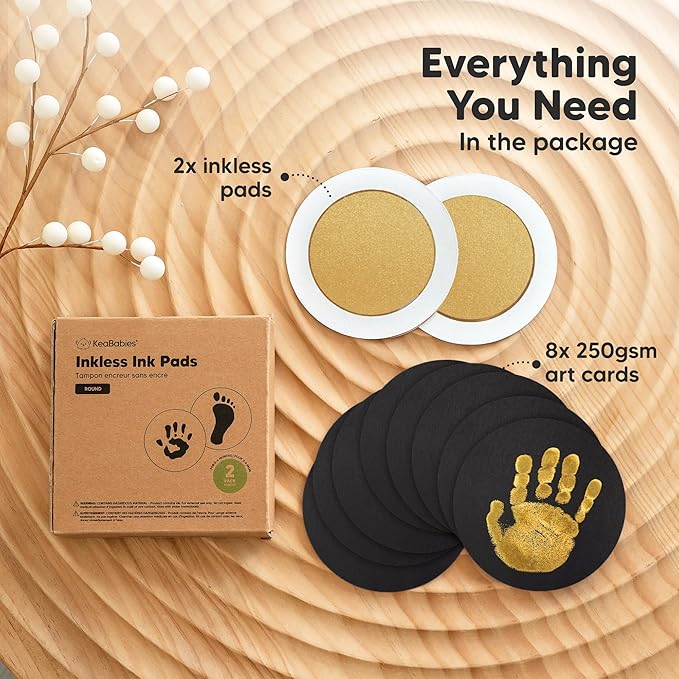 2-Pack Round Inkless Baby Hand and Footprint Kit - Mess Free Ink Pad for Newborn Keepsake, Dog Nose & Paw Print Kit, Clean Touch Ink Pad for Baby Hand & Footprints, Ideal New Mom Gifts (Gold)-BubblyBeeBaby
