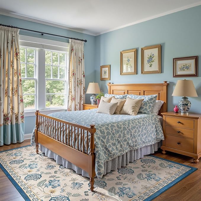 jinchan 8x10 Floral Rug for Living Room Washable Bedroom Rug Vintage Romance Design Non Slip Thin Indoor Floor Cover Large Low-Profile Throw Carpet for Dining Room Office, Blue/Beige-BubblyBeeBaby