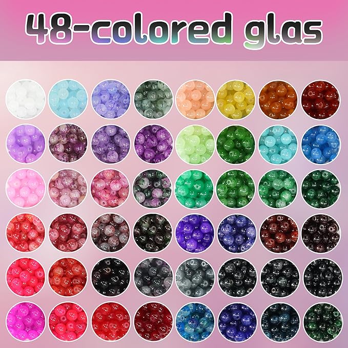 JULIMAIDONG 8mm Glass Beads for Bracelets 2100pcs, 48 Colors Round Crystal Glass Bracelet Making Kit for Jewelry Making Kits Bead DIY Crafts with Spacer Charms Accessories (48Color(Solid+Printing)-BubblyBeeBaby