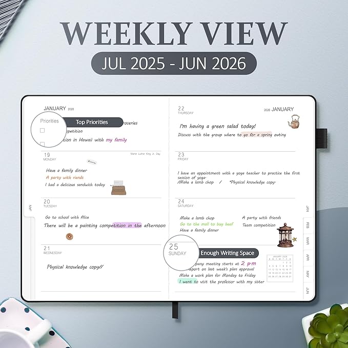 2025-2026 Planner for Women, Lather Weekly & Monthly Organizer, July 2025-June 2026, Hardcover with Gold Foil, Tabs, and Inspirational Pages - Ideal for Professionals, Black-BubblyBeeBaby