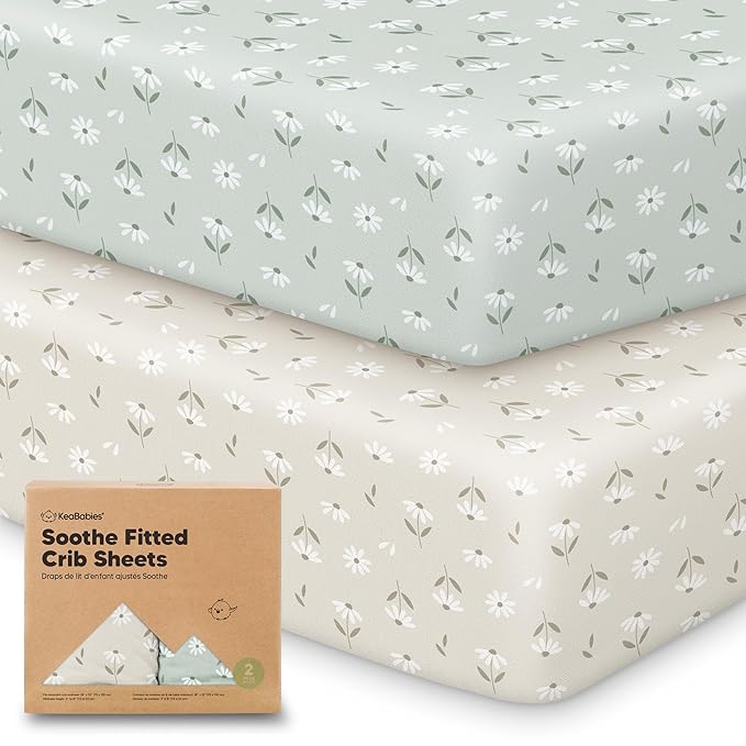 KeaBabies 2-Pack Organic Crib Sheets for Boys, Girls - 52x28 Fitted Crib Mattress Sheet Neutral, Breathable Jersey Cotton Cover for Baby Bed, Toddler Mattress, Soft & Cute Prints (Daisies)-BubblyBeeBaby