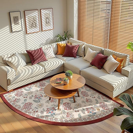 jinchan Floral Corner Rug for Kitchen Washable Nursery Rug Vintage Romance Design Non Slip Quarter Circle Lightweight Low-Pile Throw Carpet for Playroom Reading Nook Office, 5ft Radius, Red/Beige-BubblyBeeBaby