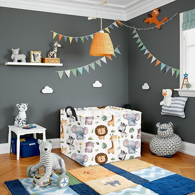 HIYAGON Rectangular Woodland Animal Basket Baby Storage Basket Storage Bin Organizer Box Animal Room Decor(Animal Basket)-BubblyBeeBaby