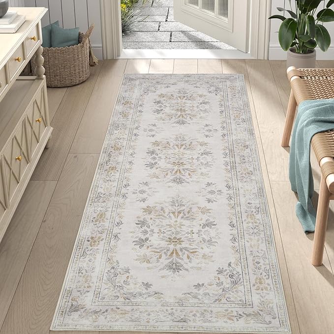 jinchan Hallway Runner Rug 2x8 Vintage Floral Distressed Design - Machine Washable Non-Slip Low-Pile Soft Thin Faux Wool Kitchen Carpet for Farmhouse Bedroom Laundry Room(2x8ft,Light Grey)-BubblyBeeBaby