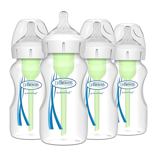 Dr. Brown's Natural Flow Anti-Colic Options+ Wide-Neck Baby Bottles 9 oz/270 mL,with Level 1 Slow Flow Nipple,4 Count,0m+-BubblyBeeBaby