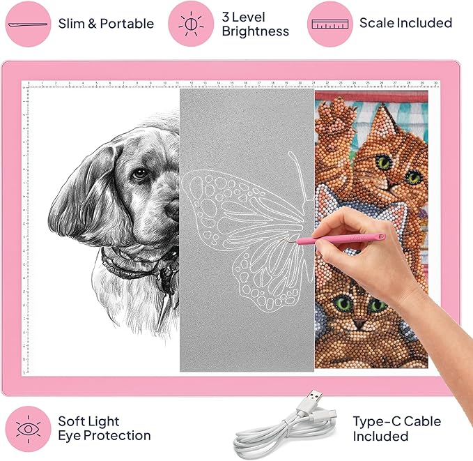 iVyne Corded Light Pad for Weeding Vinyl - A4 Light Box for Drawing - Light Board for Tracing - Light Box for Diamond Painting, Weeding Vinyl, Sketching, Tracing (Pink)-BubblyBeeBaby