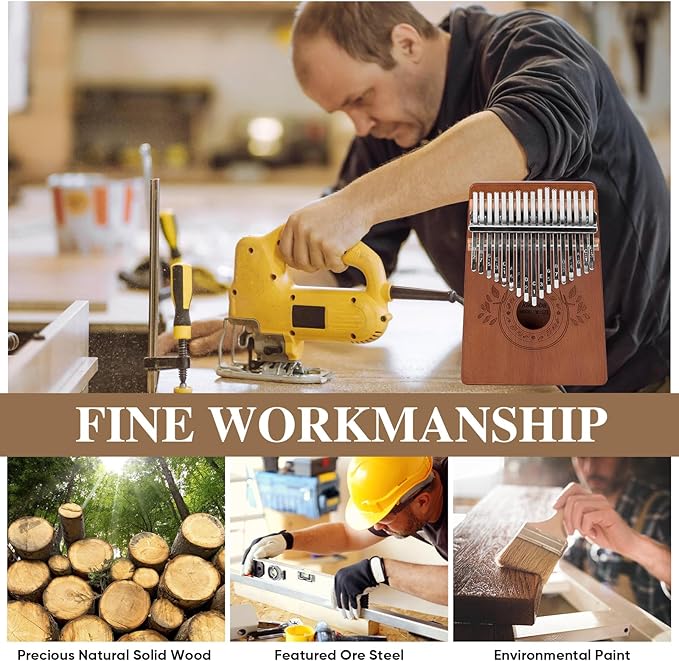 Kalimba Thumb Piano 17 Keys Instrument: Portable Mbira Finger Pianos Musical Gifts for Kids Adults Beginners - Mahogany Wood Handheld Piano with Tune Hammer, Music Book-BubblyBeeBaby