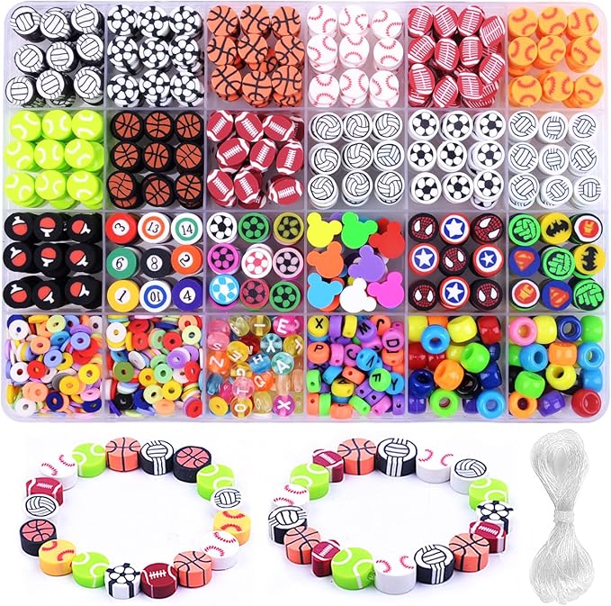 1000PCS Polymer Clay Beads Bracelet Making kit, 24 Style Cute Fun Beads Sports Ball Beads Volleyball Softball Baseball Basketball Soccer Rugby Football Charms for Jewelry Making DIY for Women Girls-BubblyBeeBaby
