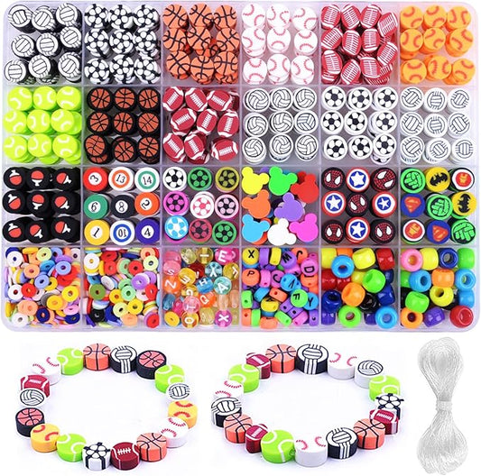 1000PCS Polymer Clay Beads Bracelet Making kit, 24 Style Cute Fun Beads Sports Ball Beads Volleyball Softball Baseball Basketball Soccer Rugby Football Charms for Jewelry Making DIY for Women Girls-BubblyBeeBaby