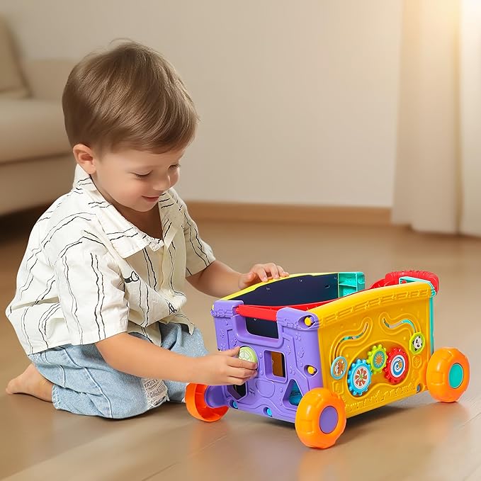 Interactive Learning Push Walker Toy for Toddlers, Musical Activity Wagon with Handle, Educational Rolling Cart with Blocks-BubblyBeeBaby