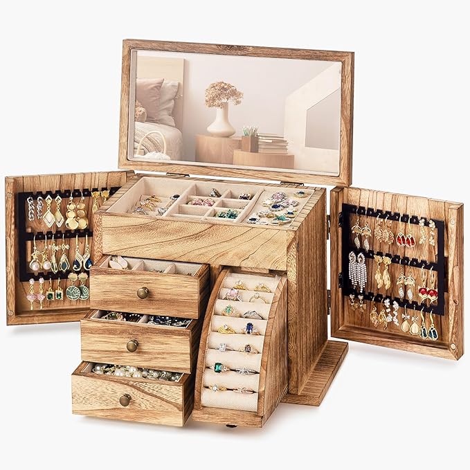 Jewelry Box Organizer, Solid Wood Jewelry Boxes fow Women with Mirror, Double Layer Jewelry Organizer Box Display Earring Necklace Bracelet Ring, Rustic Style Small Jewelry Box for Girls-BubblyBeeBaby