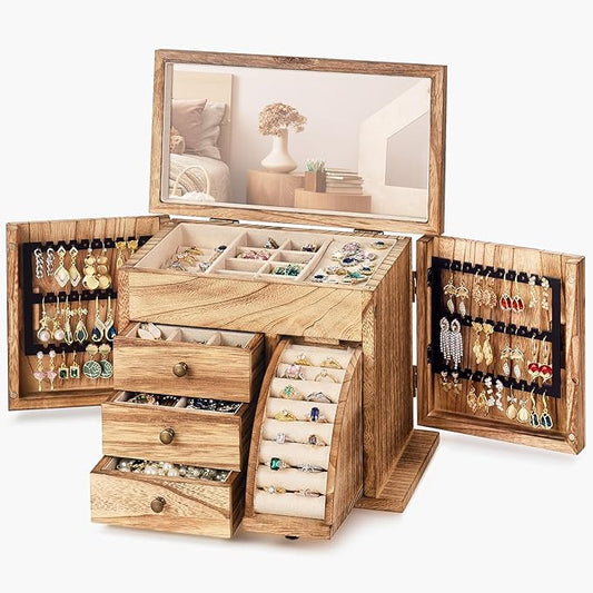Jewelry Box Organizer, Solid Wood Jewelry Boxes fow Women with Mirror, Double Layer Jewelry Organizer Box Display Earring Necklace Bracelet Ring, Rustic Style Small Jewelry Box for Girls-BubblyBeeBaby