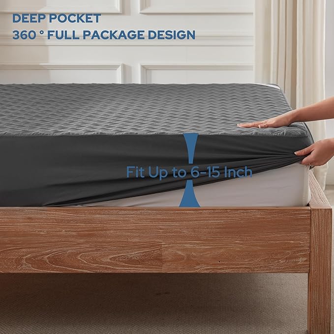 2 Pack Waterproof Mattress Protector, Full Size Mattress Pad with Deep Pocket 6"-15" Depth, Soft Breathable Dirt-Proof Single Bed Mattress Cover for Bedroom, Dorm Room (Gray)-BubblyBeeBaby