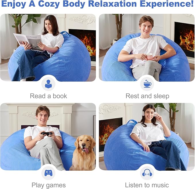 Homguava 3.5FT Bean Bag Chair: Teardrop Bean Bags with Memory Foam Filled, Compact Beanbag Chairs Soft Sofa with Corduroy Cover (Blue)-BubblyBeeBaby