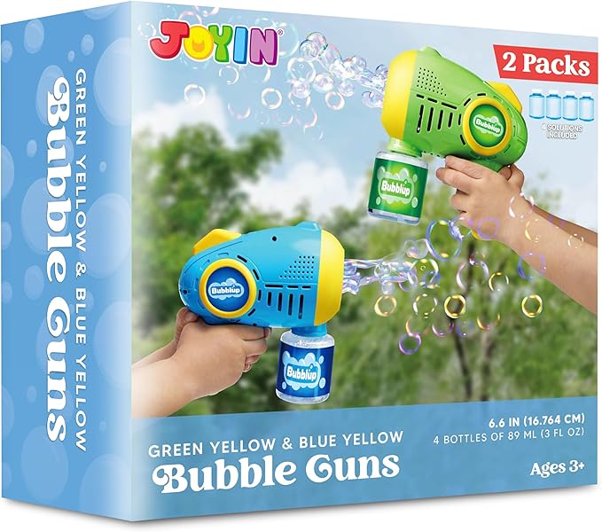 JOYIN 2 Kids Bubble Guns with 4 Bottles Solution, Automatic Bubble Machine Gun with 8 Holes for Kids, Adults, Summer Toys, Easter Basket Stuffers, Birthday Gift, Party Favors-BubblyBeeBaby