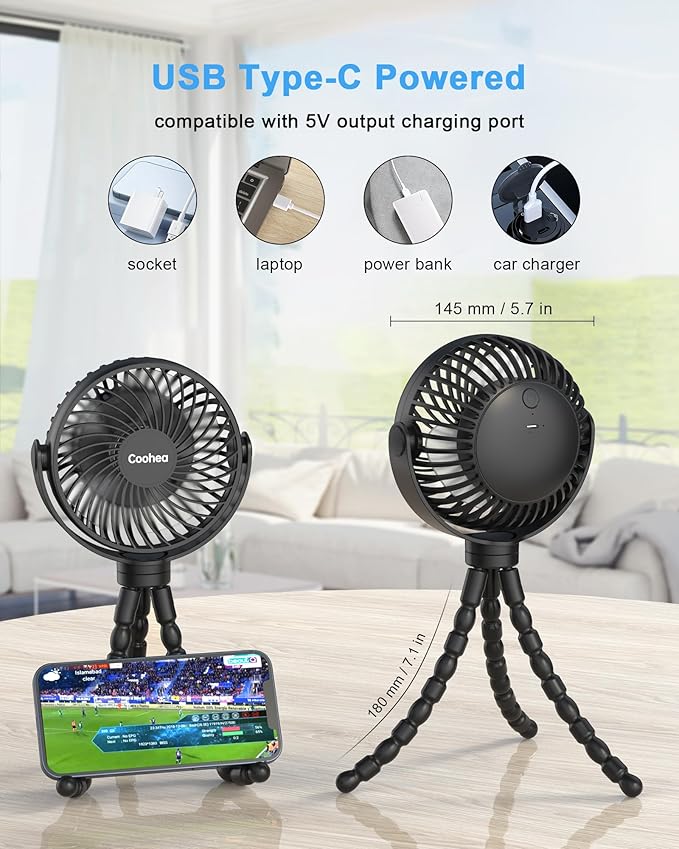 Stroller Fan Clip on for Baby, 4000mAh Rechargeable Battery Operated, Flexible Tripod, 3 Wind Speed, 360° Rotatable, Small Cooling Portable Fan for Car Seat Crib Golf Cart Bike Treadmill, Black-BubblyBeeBaby