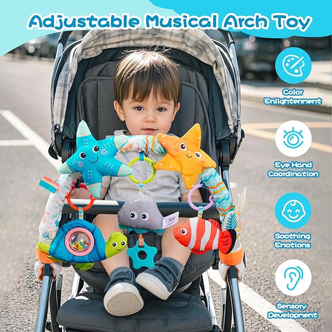 Jollybaby Musical Bassinet Stroller Crib Mobile Toy for Baby 0-6-12 Months, Infant Clip On Arch Hanging Toy with Music, Montessori Sensory Nursery Mobiles Attachment Toy for Newborn Gift - Starfish-BubblyBeeBaby
