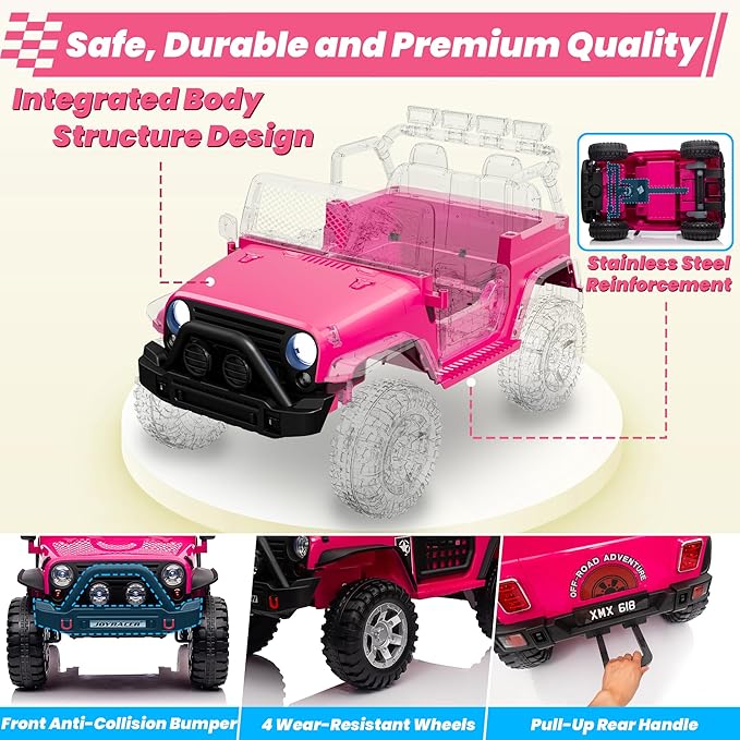 24V 4WD Ride on Truck Car w/800W Motors, Gift Flower, Remote Control, 2 Seaters, Light Bar, 3 Speeds, Pop Music, Power Four Wheels, 24 Volt Ride on Toy Car for Big Kids, Rose Red-BubblyBeeBaby