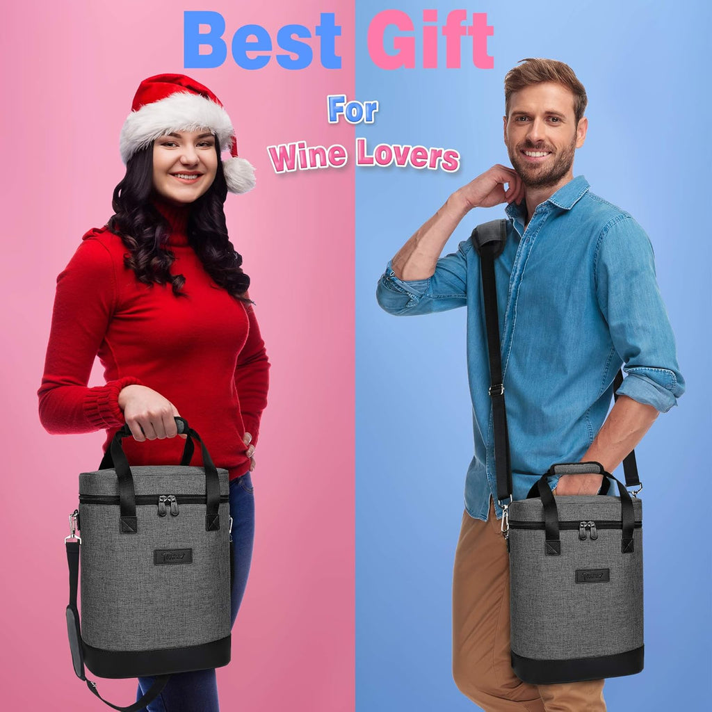 Tirrinia 6 Bottle Wine Cooler Bag - Insulated Padded Portable Versatile Wine Gift Carrier Tote Bag for Travel, BYOB Restaurant, Wine Tasting, Party, Pecfect Gift for Wine Lover, Grey