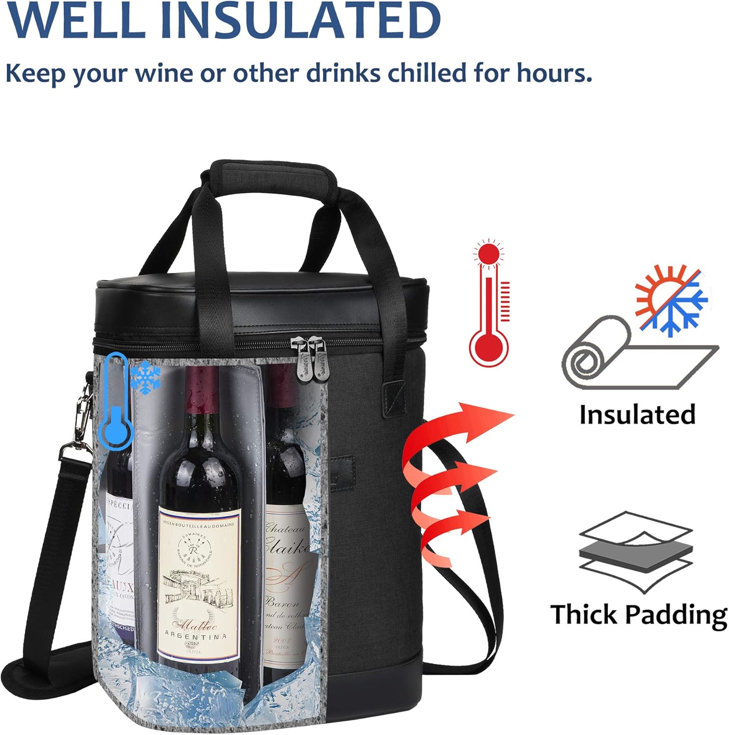 Tirrinia 6 Bottle Wine Cooler Bag - Insulated Padded Portable Versatile Wine Gift Carrier Tote Bag for Travel, BYOB Restaurant, Wine Tasting, Party, Pecfect Gift for Wine Lover, Black