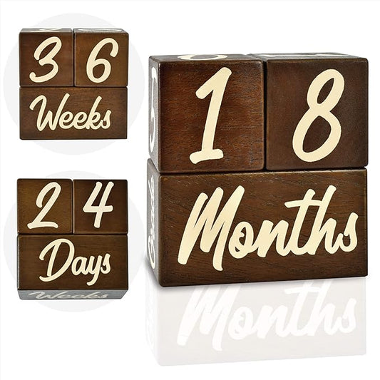 I'm Solid Wood Weekly Monthly Yearly Baby Milestone Age Blocks, Gender Neutral, Newborn Gifts & Keepsakes for Picture Props (3 Pcs/Brown)-BubblyBeeBaby