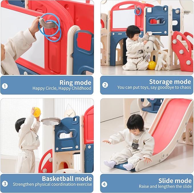12 in 1 Toddler Outdoor Playset with Swing, Indoor Swing and Slide Set Playground for Toddlers 1-3, Durable Climber Basketball Hoop Ball Toddler Indoor Playset for Home Playground - Red Blue-BubblyBeeBaby