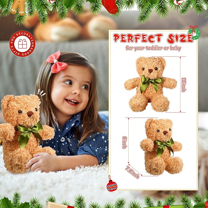 HyDren 12 Pack Bear Stuffed Animals 10 Inch Operation Christmas Bulk Items Small Bear Party Favors Plush Toys for Baby Shower Centerpiece Christmas Birthday Gifts(White, Light Brown)-BubblyBeeBaby