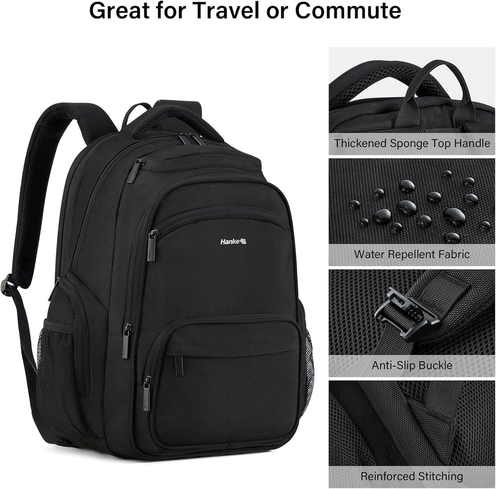 Hanke College Laptop Backpack Multi-Pocket, 18-Inch Large Travel Backpack for Men Women, Water Resistant College Bookbag for 15.6 Inch Laptop, Casual Daily Personal Item Size Airline Approved,Black