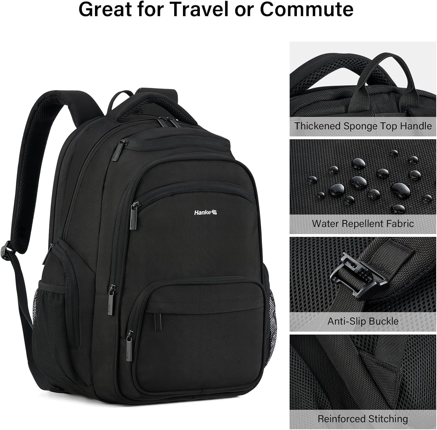 Hanke College Laptop Backpack Multi-Pocket, 18-Inch Large Travel Backpack for Men Women, Water Resistant College Bookbag for 15.6 Inch Laptop, Casual Daily Personal Item Size Airline Approved,Black