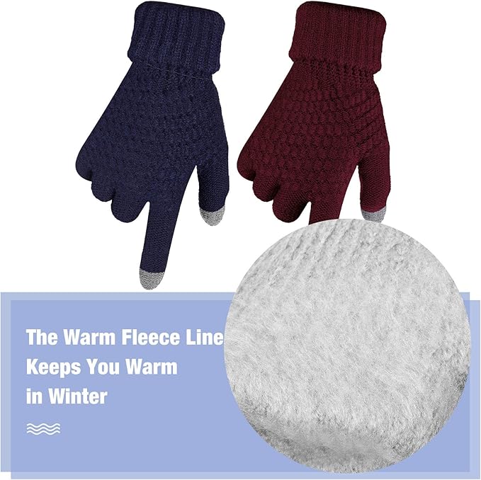 Geyoga 2 Pairs Women's Winter Touch Screen Gloves Soft Warm Fleece Lined Knit Elastic Cuff Winter Texting Gloves-BubblyBeeBaby