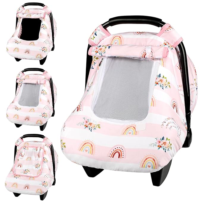 Pea Pod Car Seat Cover Baby, Infant Car Seat Canopy Covers for Newborn with 2 Layers Windows of Breathable Mesh Fabric, Lightweight Polyester/Soft Minky Dot Backing (Floral & Rainbow)-BubblyBeeBaby
