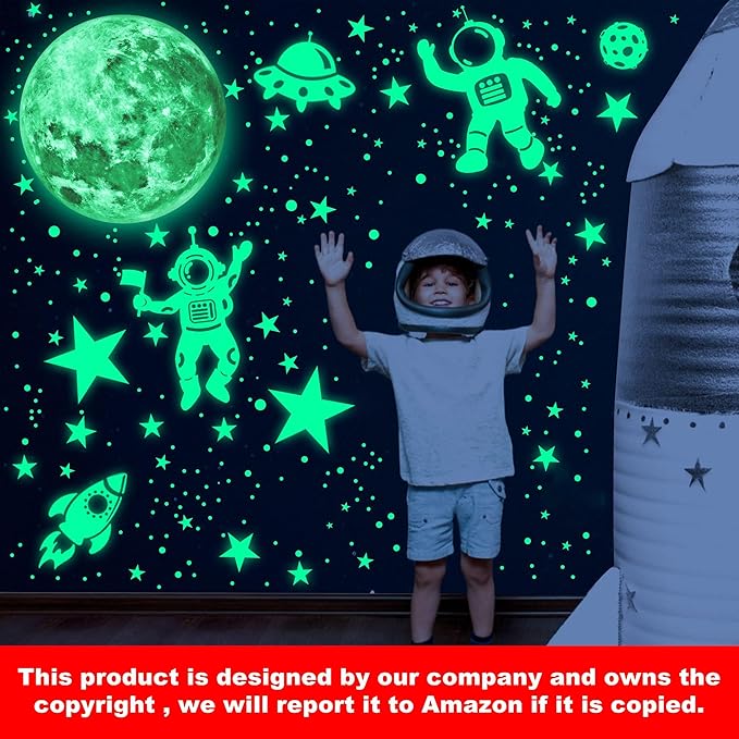 1017Pcs Glow in The Dark Stars for Ceiling Glow in The Dark Moon and Space Wall Decals Luminous Astronaut Universe Planet Galaxy Wall Stickers for Kids Boys Girls Bedroom Green-BubblyBeeBaby