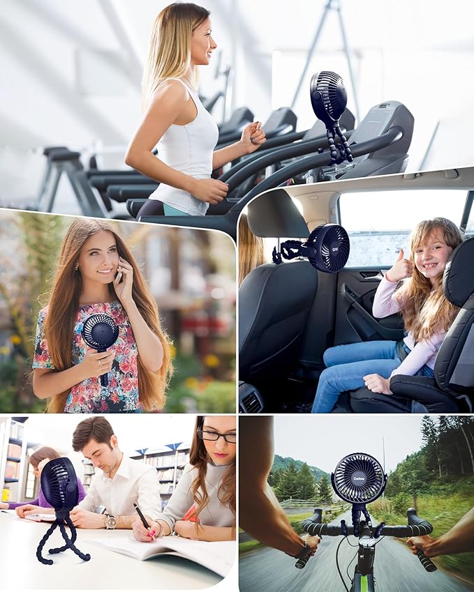 Stroller Fan Clip on for Baby, 4000mAh Rechargeable Battery Operated, Flexible Tripod, 3 Wind Speed, 360° Rotatable, Small Cooling Portable Fan for Car Seat Crib Golf Cart Treadmill, Navy Blue-BubblyBeeBaby