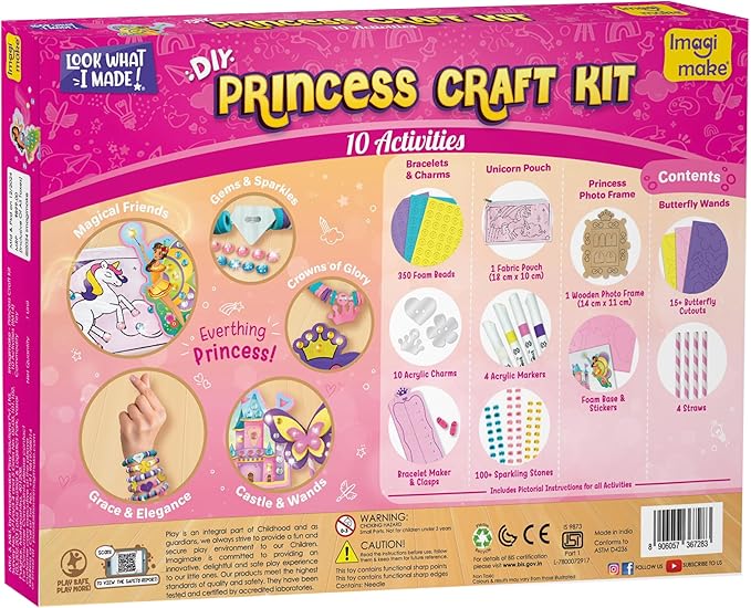 Imagimake Princess Craft Kit | 10 Mess-Free DIY Activities | Bracelet Making Kit, Unicorn Pouch, Butterfly Wands & Photo Frame | Girls Toys Age 6-8 | 5,6,7,8,9,10,11,12 Year Old Girl Birthday Gifts-BubblyBeeBaby