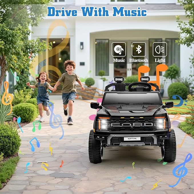 24V Ride on Car Licensed Ford F-150 Raptor, Kids Electric Car with Remote Control, LED Light/Music/MP3, Truck Bed Storage, 3-Point Seat Belt (24V, Black)-BubblyBeeBaby
