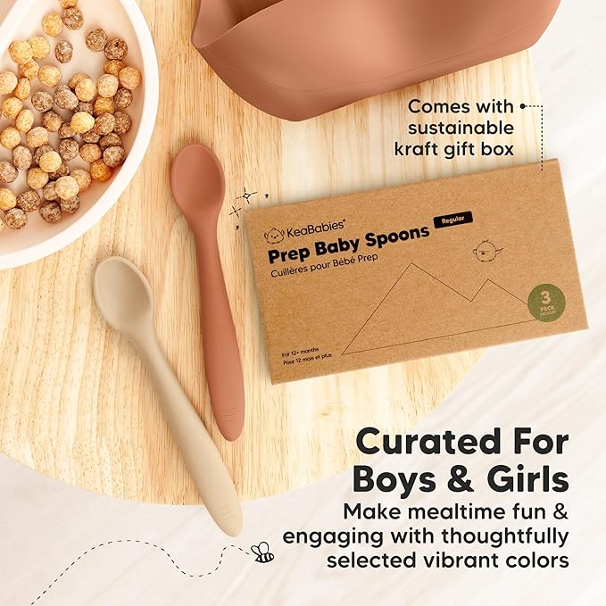 KeaBabies Silicone Baby Spoons, Self Feeding 6-12 months - 3-Pack Baby Weaning Eating Utensils,Toddler First Food Training Spoon,Infant,Kids Feeding Supplies Essential Set,Dishwasher-safe (Terracotta)-BubblyBeeBaby