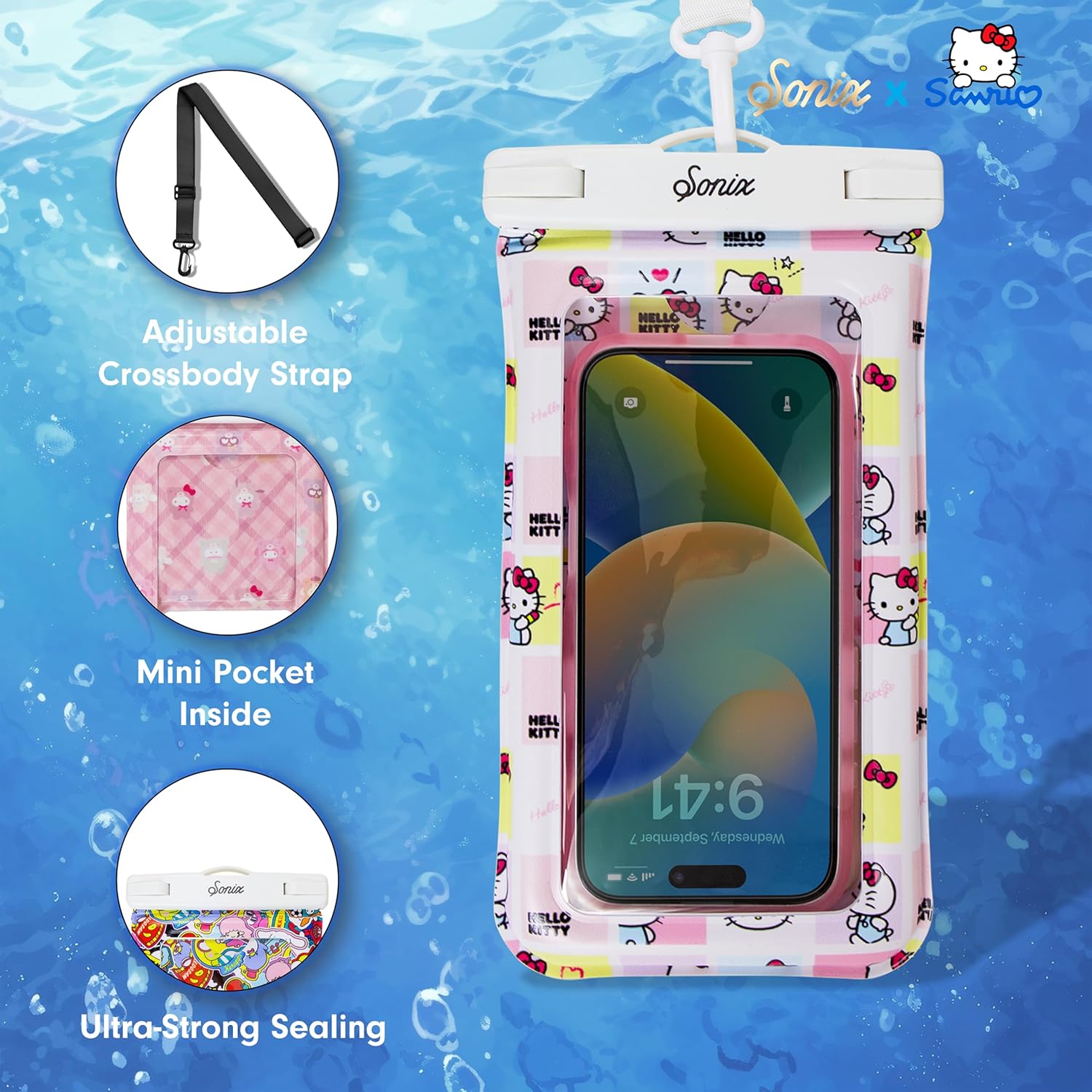 Sonix x Sanrio Waterproof Phone Pouch - Floating Phone Case Dry Bag w/Crossbody Lanyard - Beach Cruise Travel Essentials - Compatible w/All Devices, Touchscreen Friendly | Hello Kitty Grid