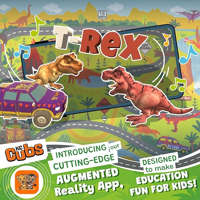 KC Cubs 3x5 Dinosaur Toy Car Dino Road Rug – Educational Play Mat Carpet for Kids, Toddlers, Nursery, Classroom, Playroom, Baby Daycare, Boys & Girls-BubblyBeeBaby