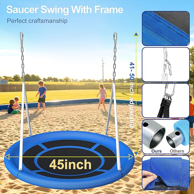 Heavy Duty 500lbs Saucer Swing Set - Outdoor Metal Frame Playground Equipment for Backyard, Includes 45'' Tree Swing & Adjustable Steel Stand - Kids/Toddlers Age 3-12-BubblyBeeBaby